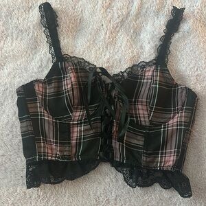 Dolls Kill Plaid Lace-Up Corset Top